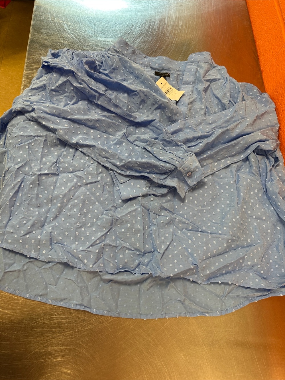 NWT Ann Taylor Light Blue Clip-Dot Notch-Neck Blouse Size Large